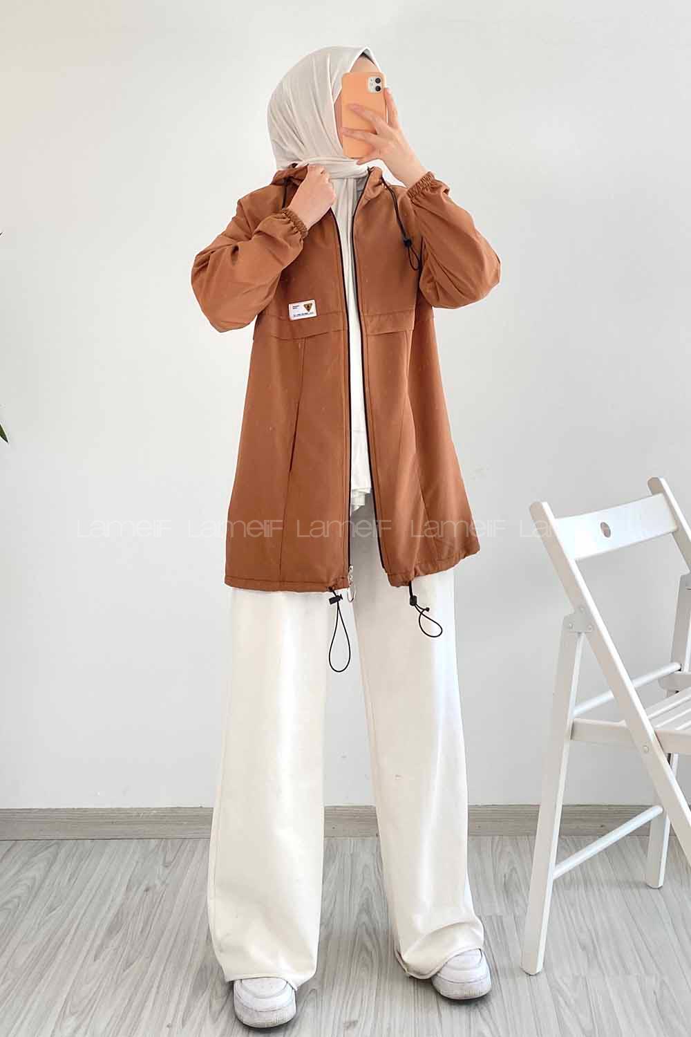 Modalamelif Kapüşon Detaylı Boydan Fermuarlı Hırka Taba