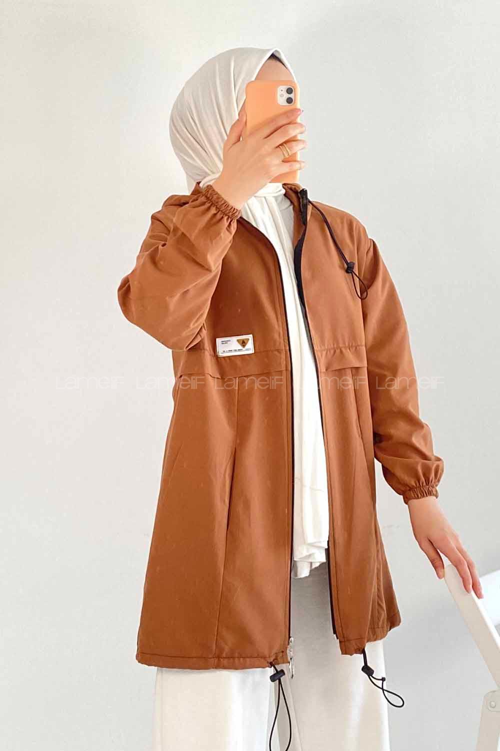 Modalamelif Kapüşon Detaylı Boydan Fermuarlı Hırka Taba