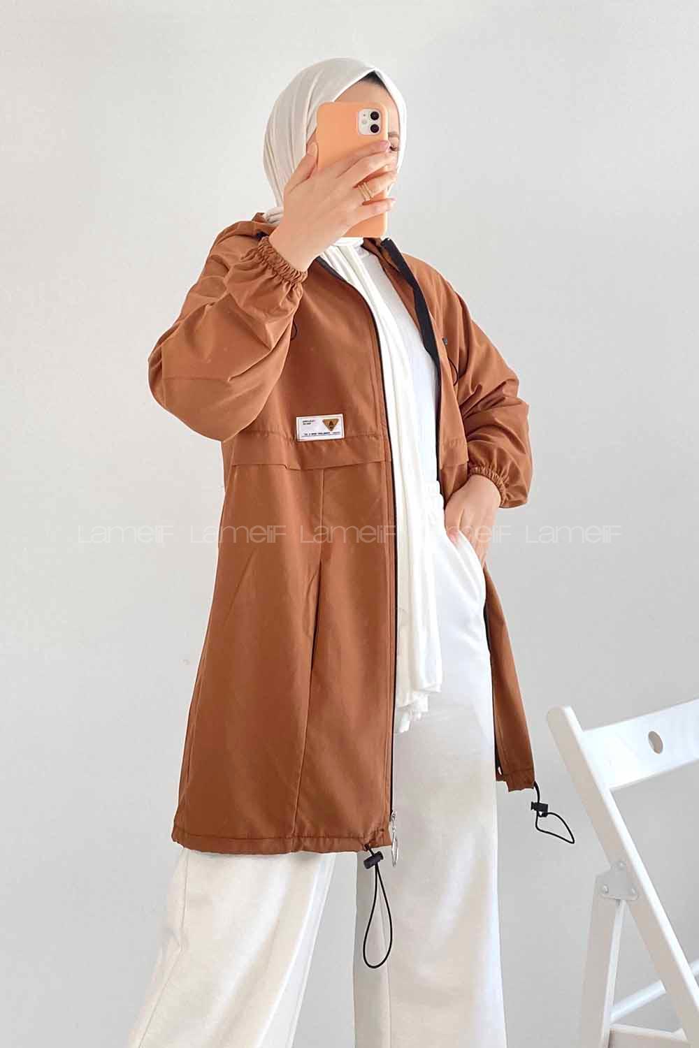 Modalamelif Kapüşon Detaylı Boydan Fermuarlı Hırka Taba