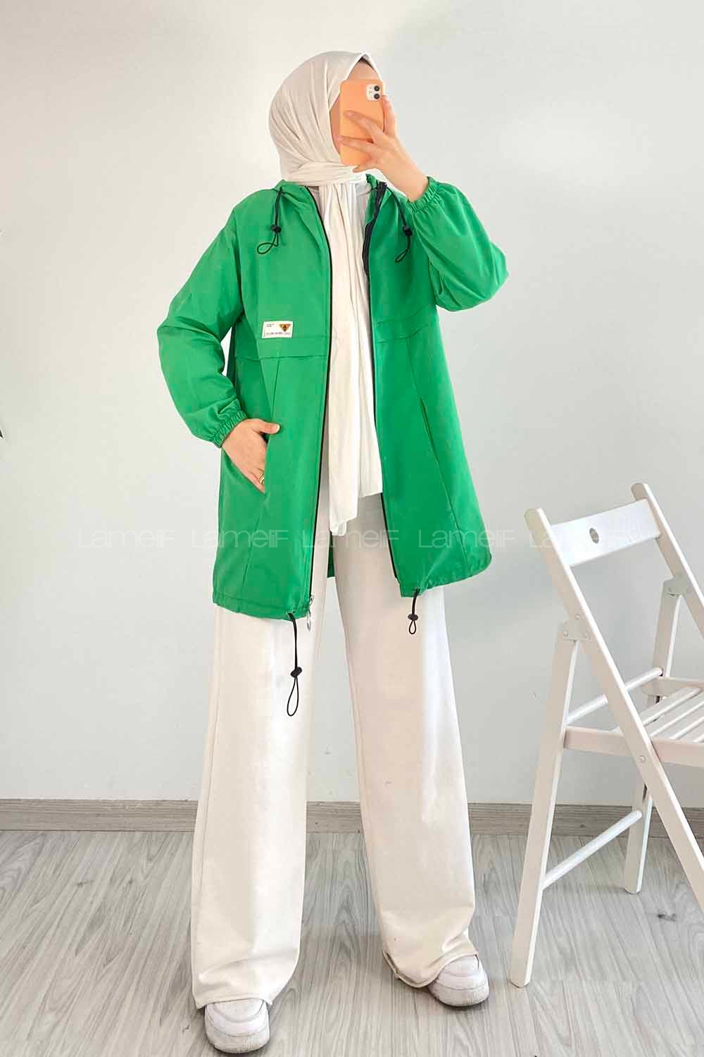 Modalamelif Kapüşon  Detaylı Boydan Fermuarlı  Hırka  Yeşili