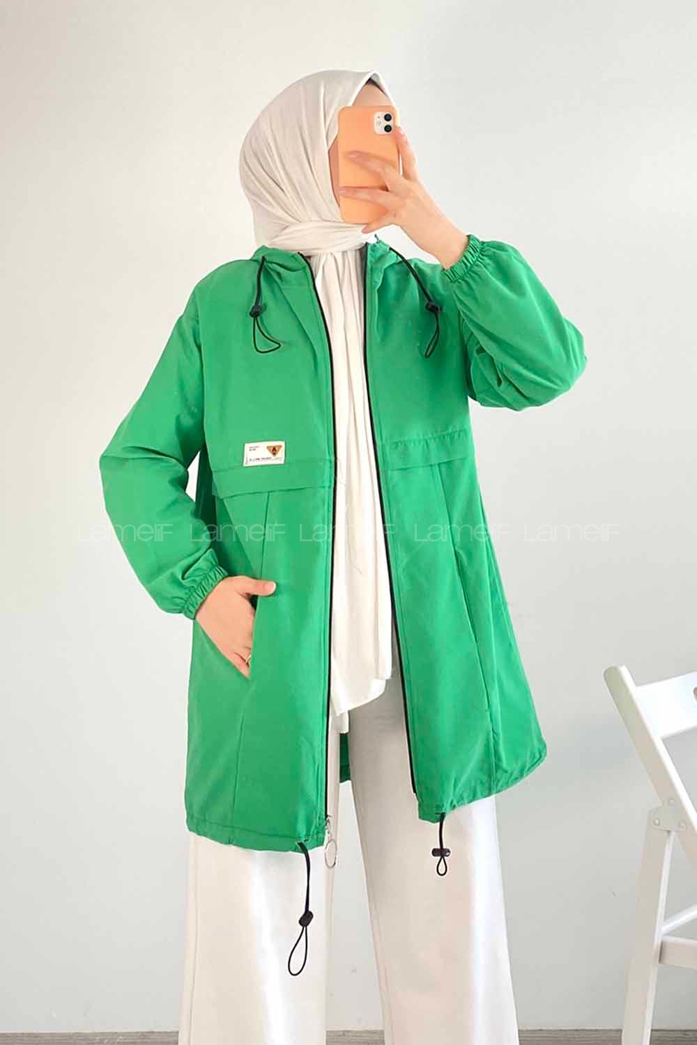 Modalamelif Kapüşon  Detaylı Boydan Fermuarlı  Hırka  Yeşili