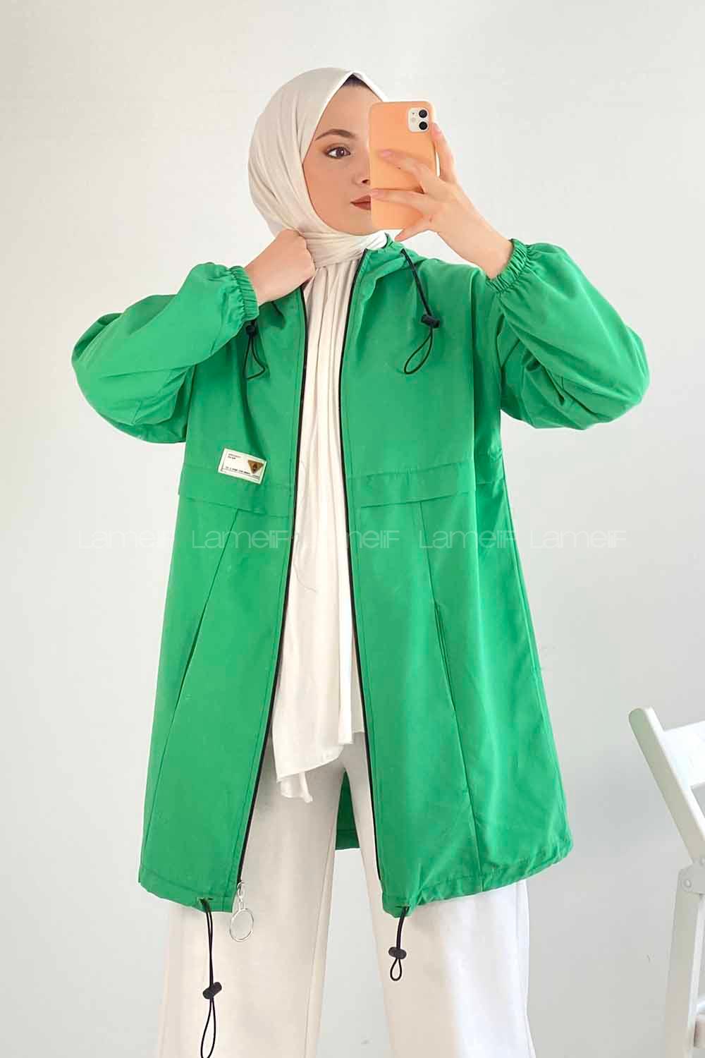 Modalamelif Kapüşon  Detaylı Boydan Fermuarlı  Hırka  Yeşili