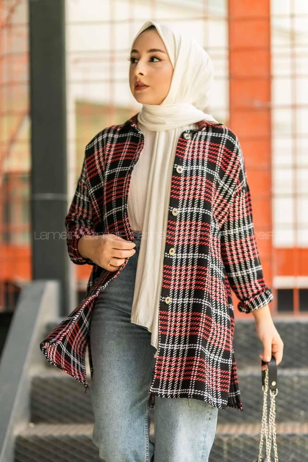 Modalamelif Kare Desenli Boydan Düğme Detaylı Yırtmaçlı Gömlek Kırmızı