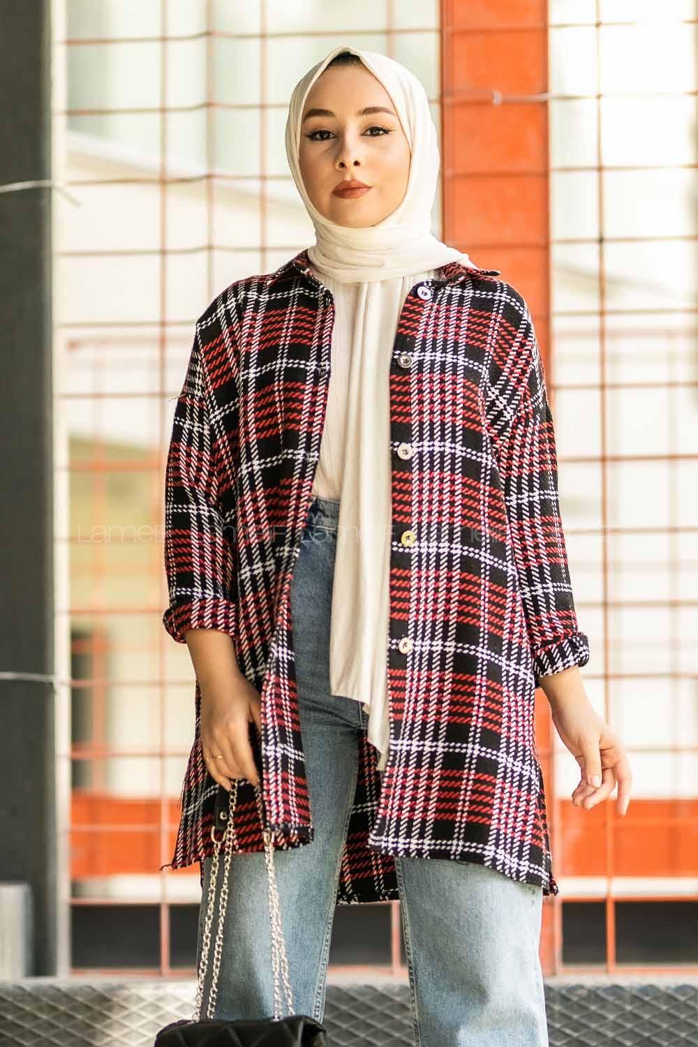 Modalamelif Kare Desenli Boydan Düğme Detaylı Yırtmaçlı Gömlek Kırmızı