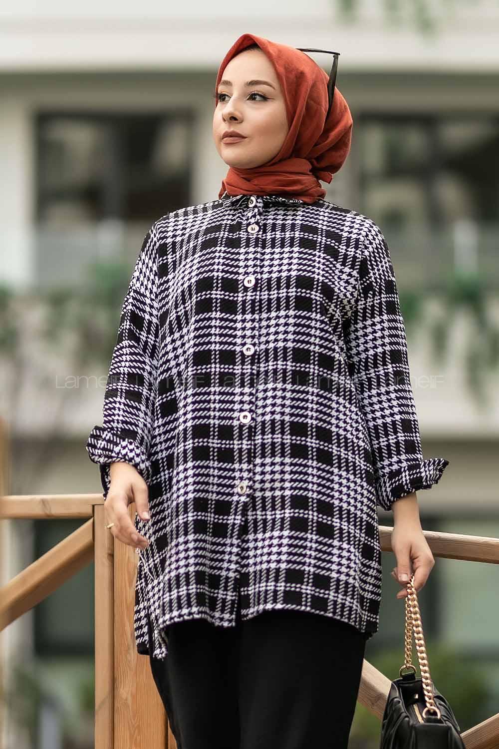 Modalamelif Kare Desenli Boydan Düğme Detaylı Yırtmaçlı Gömlek Siyah