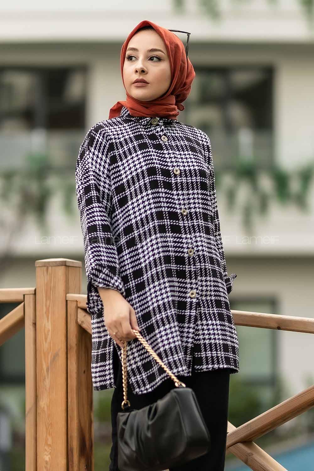 Modalamelif Kare Desenli Boydan Düğme Detaylı Yırtmaçlı Gömlek Siyah