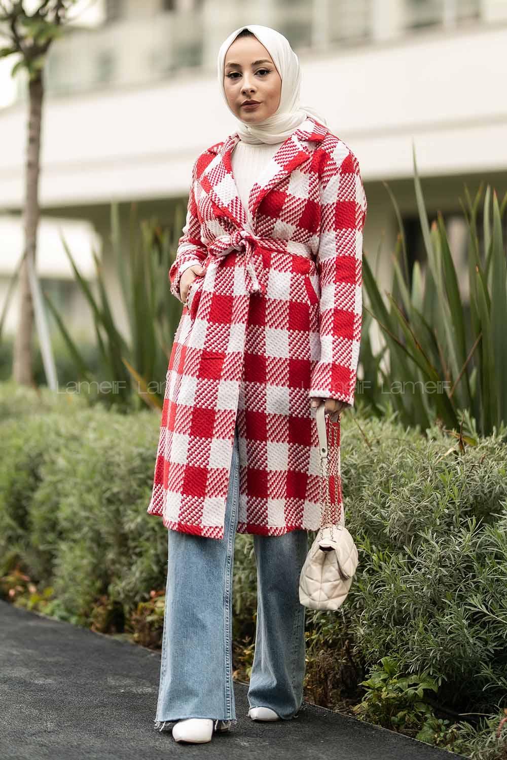 Modalamelif Kuşak Bağlama Detaylı Çift Cepli Kaban Kırmızı