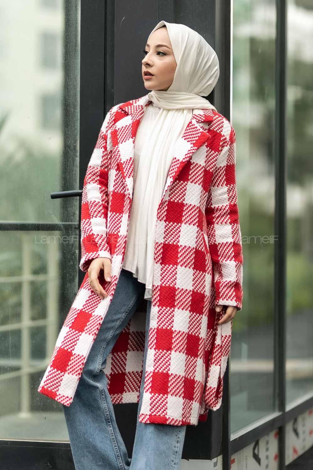 Modalamelif Kuşak Bağlama Detaylı Çift Cepli Kaban Kırmızı