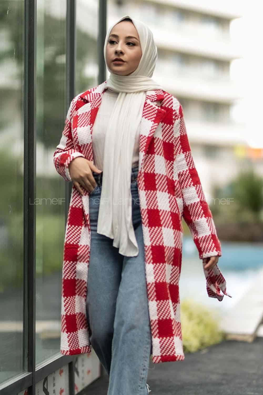 Modalamelif Kuşak Bağlama Detaylı Çift Cepli Kaban Kırmızı