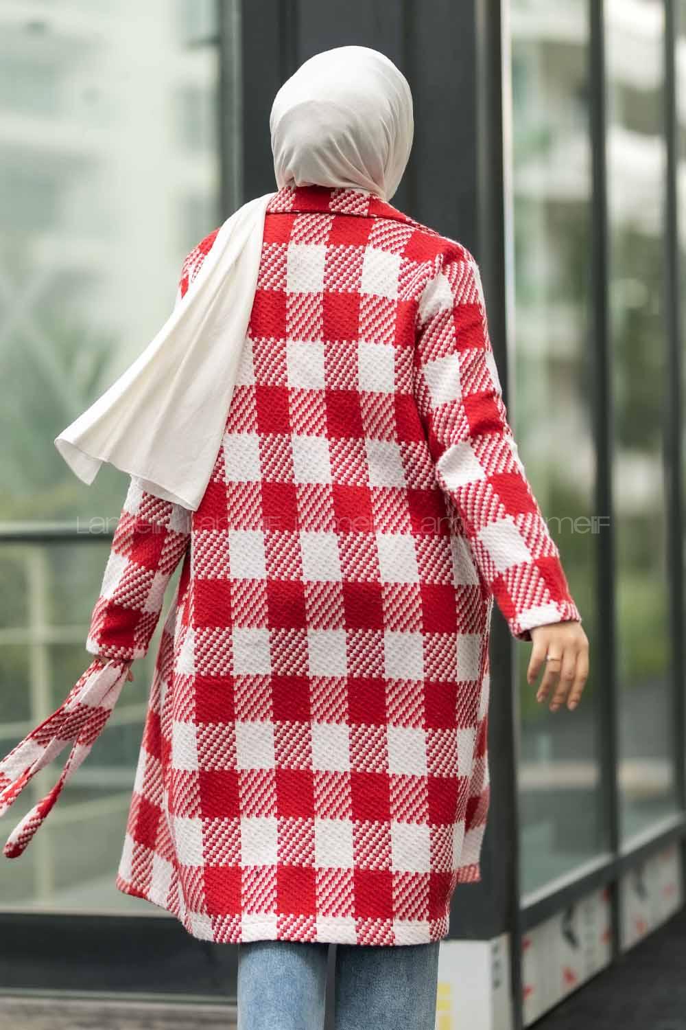 Modalamelif Kuşak Bağlama Detaylı Çift Cepli Kaban Kırmızı