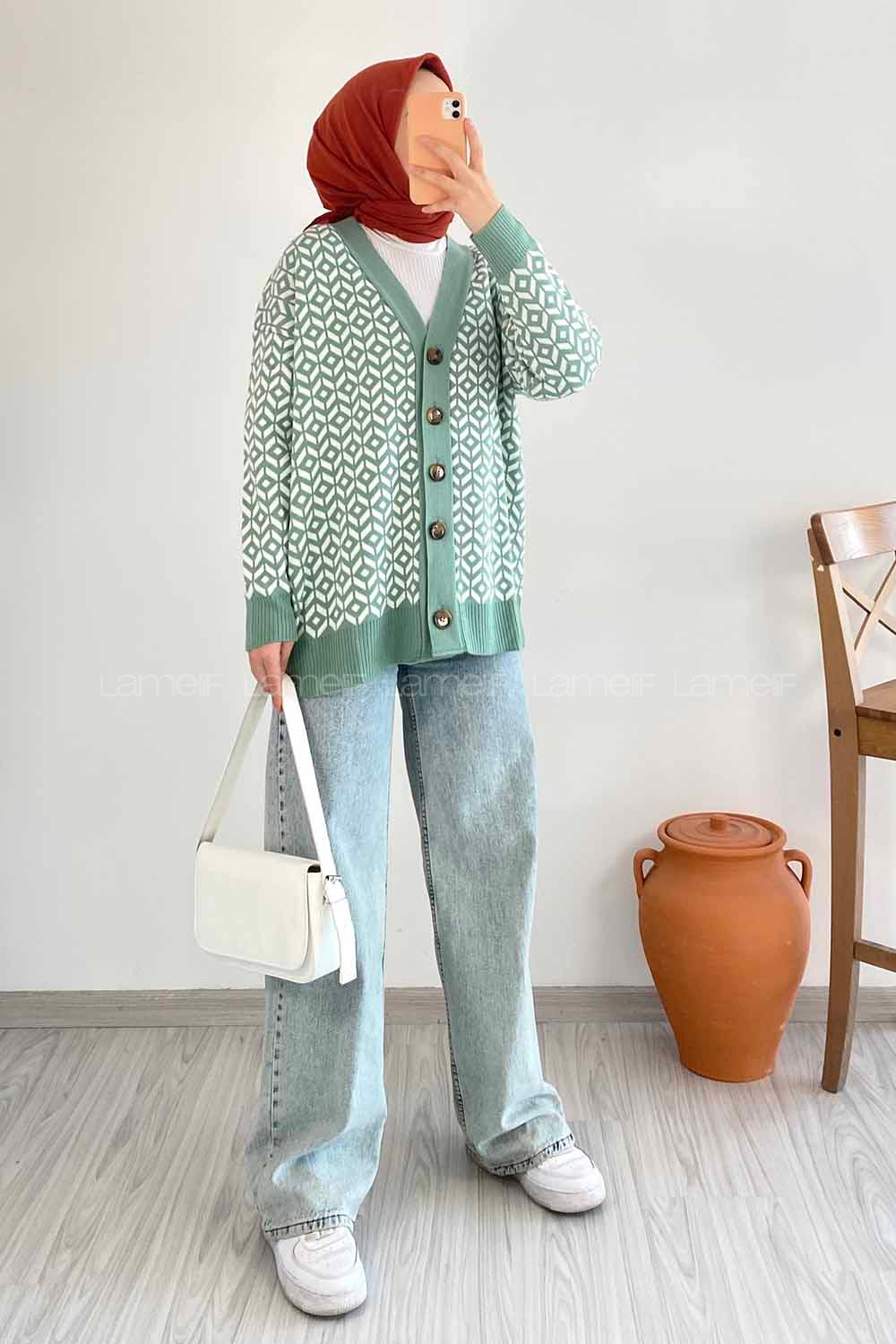 Modalamelif V Yaka Düğmeli Desenli Triko Hırka Çağla Yeşili