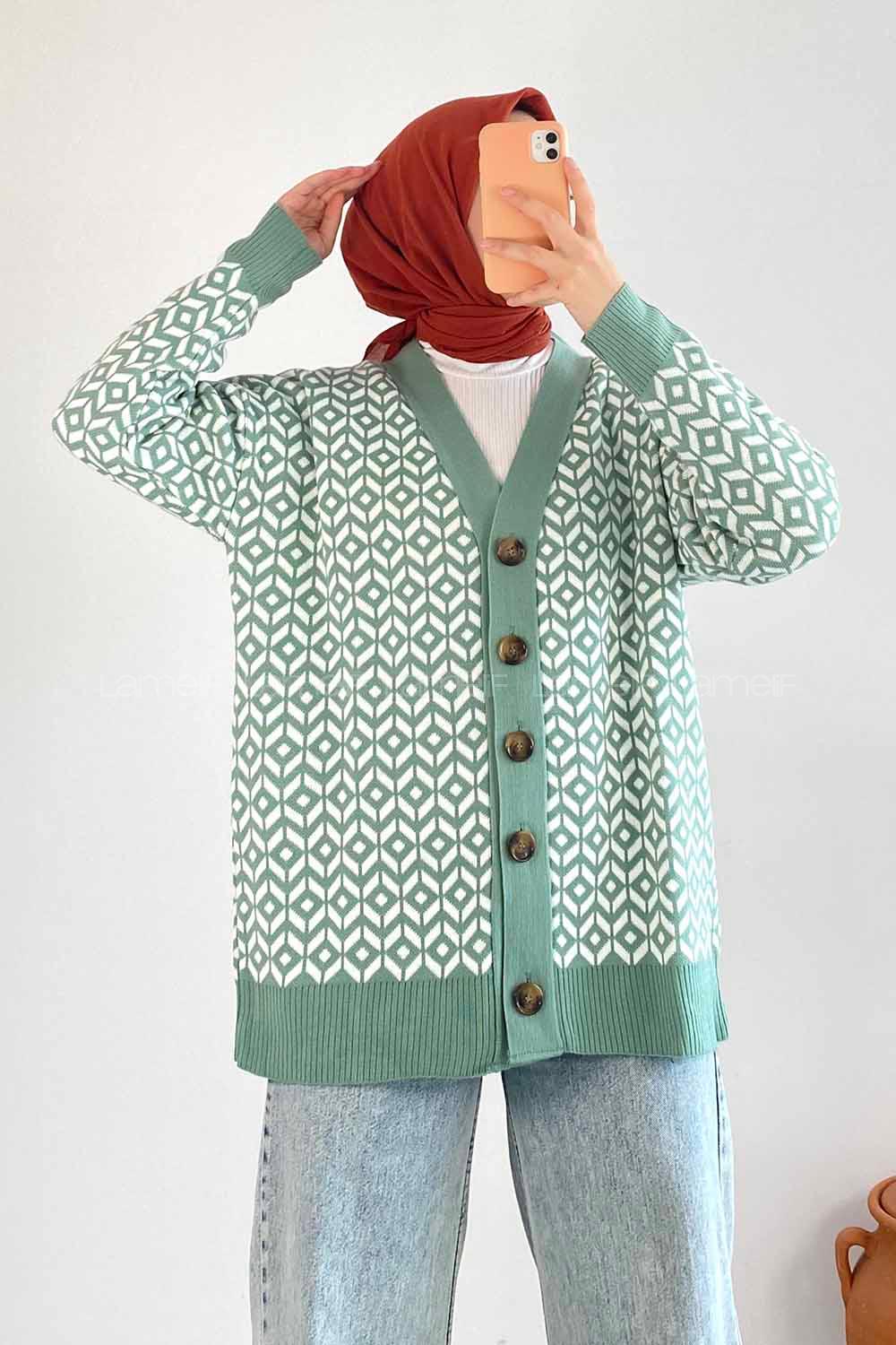 Modalamelif V Yaka Düğmeli Desenli Triko Hırka Çağla Yeşili