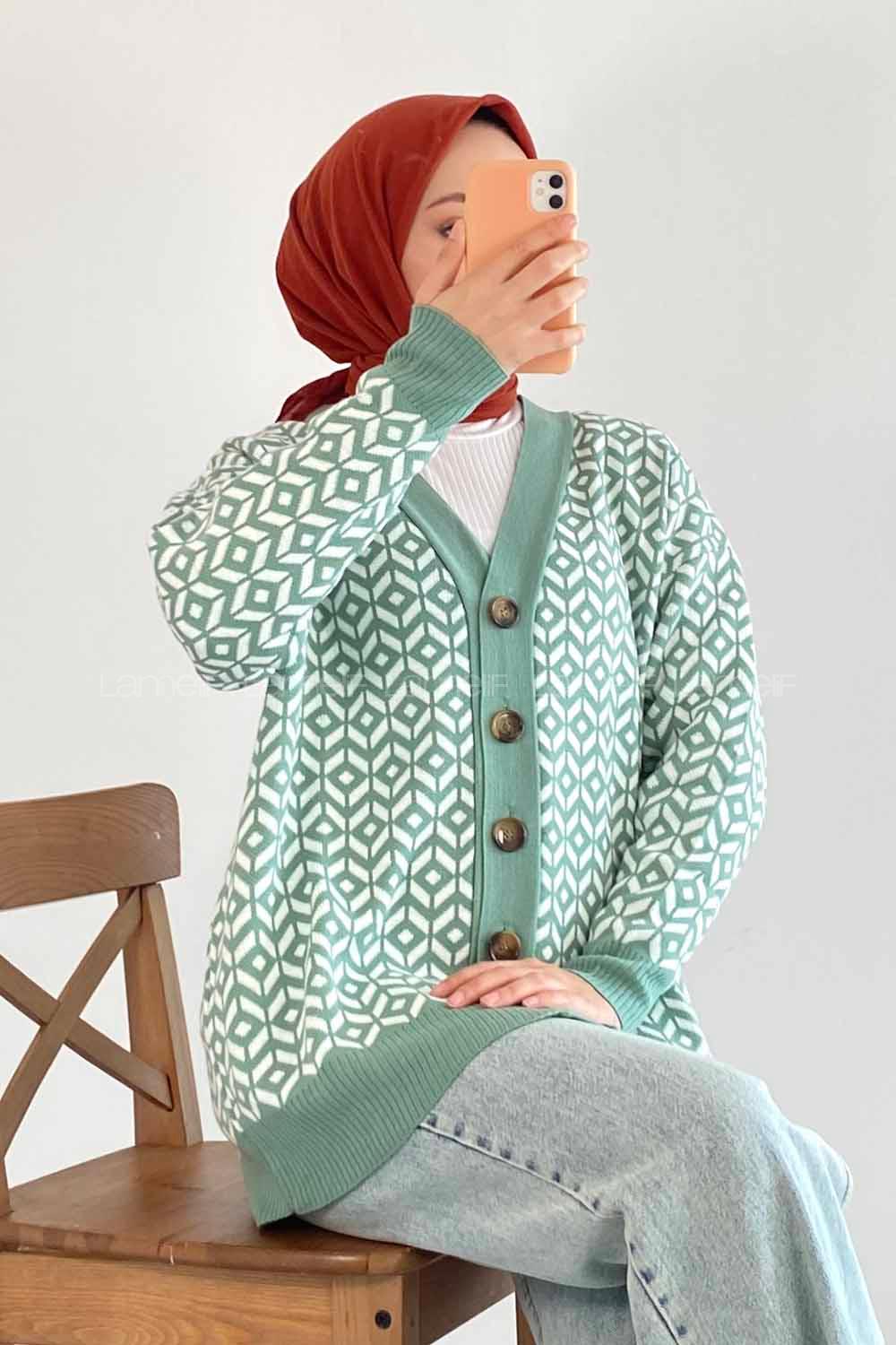 Modalamelif V Yaka Düğmeli Desenli Triko Hırka Çağla Yeşili