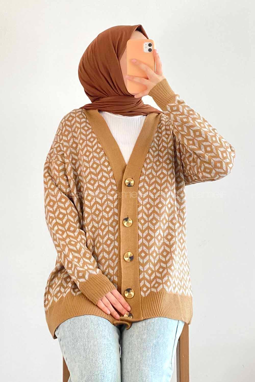 Modalamelif V Yaka Düğmeli Desenli Triko Hırka Camel