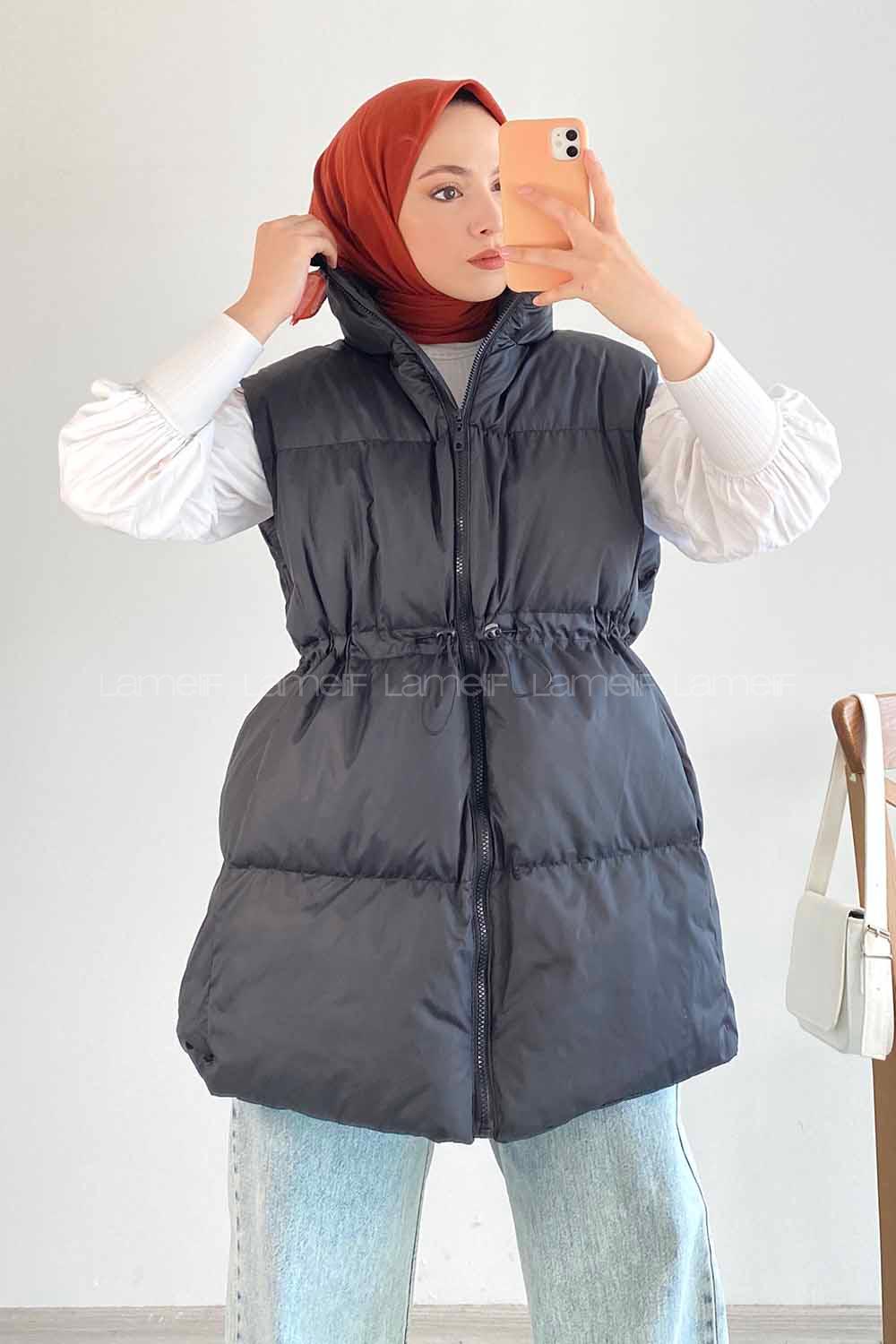 Modalamelif Yarım Balıkçı Yaka Çift Cepli Şişme Yelek Siyah