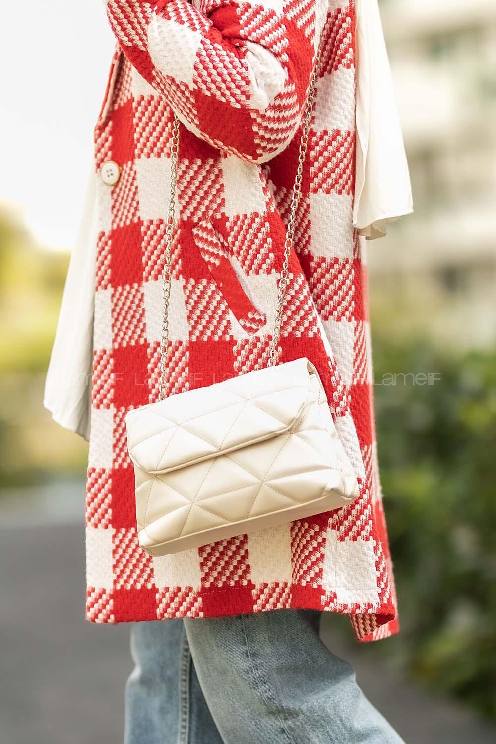 Modalamelif Zincir Askılı İki Bölmeli Çanta Krem