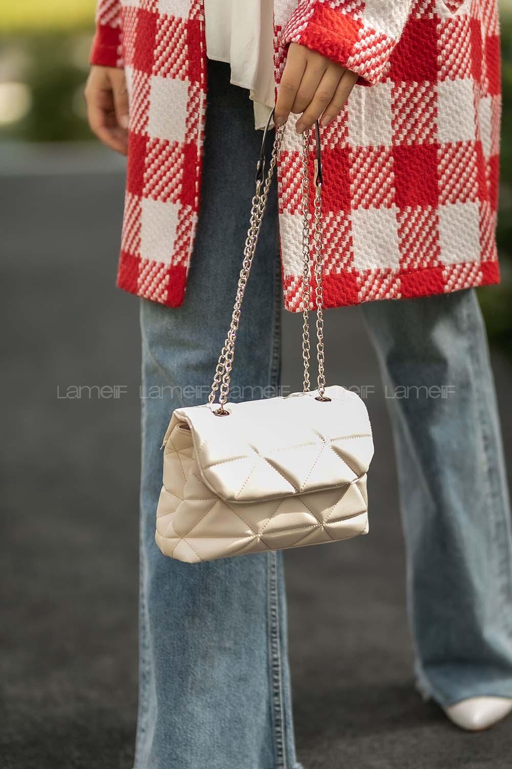 Modalamelif Zincir Askılı İki Bölmeli Çanta Krem