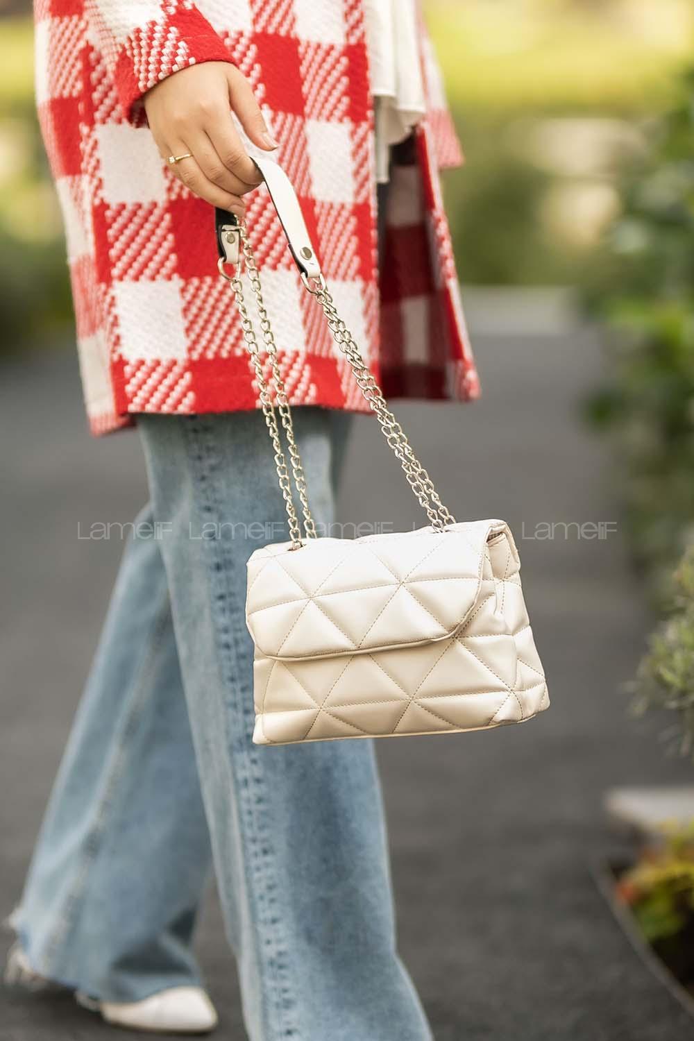 Modalamelif Zincir Askılı İki Bölmeli Çanta Krem