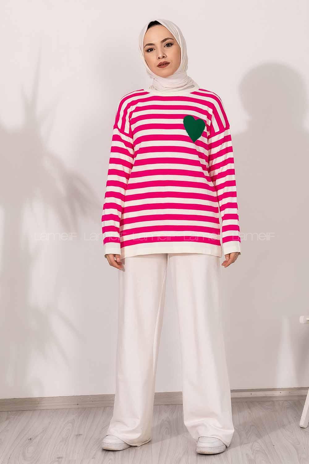 Modalamelif Yaka Çizgi Desenli Kalp Detaylı Kazak Pembe