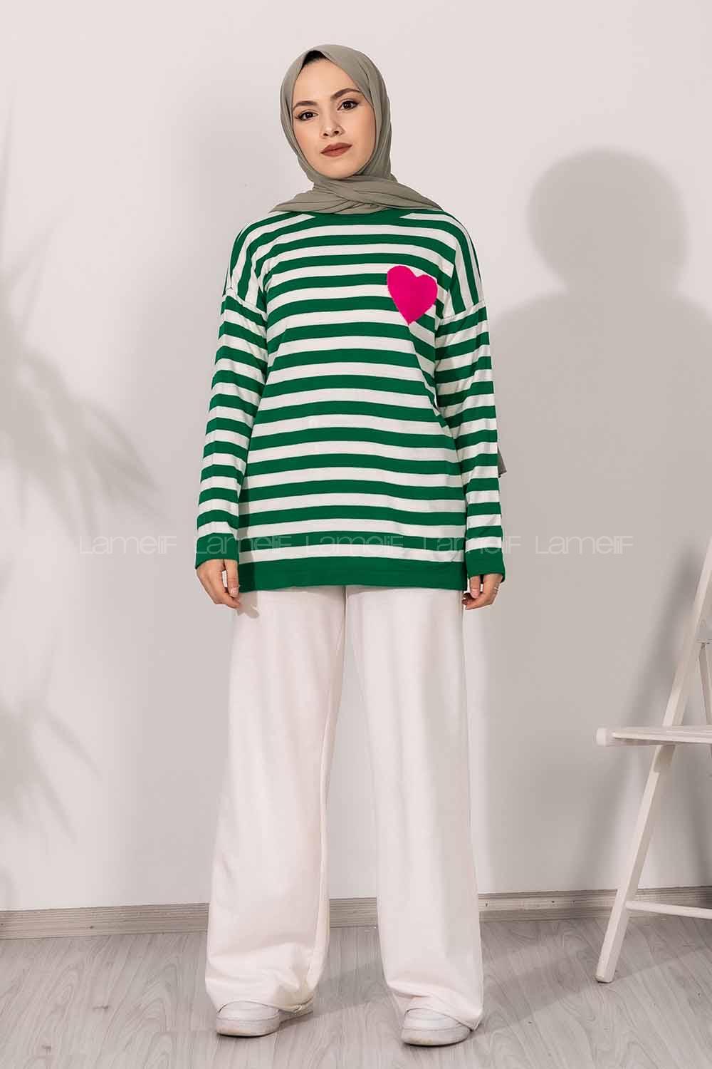 Modalamelif  Bisiklet Yaka Çizgi Desenli Kalp Detaylı Kazak Yeşil