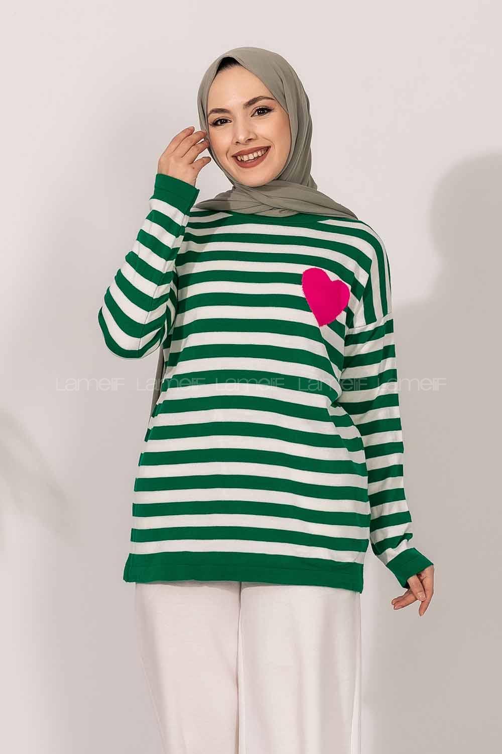 Modalamelif  Bisiklet Yaka Çizgi Desenli Kalp Detaylı Kazak Yeşil