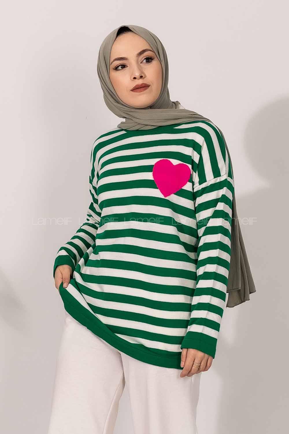 Modalamelif  Bisiklet Yaka Çizgi Desenli Kalp Detaylı Kazak Yeşil