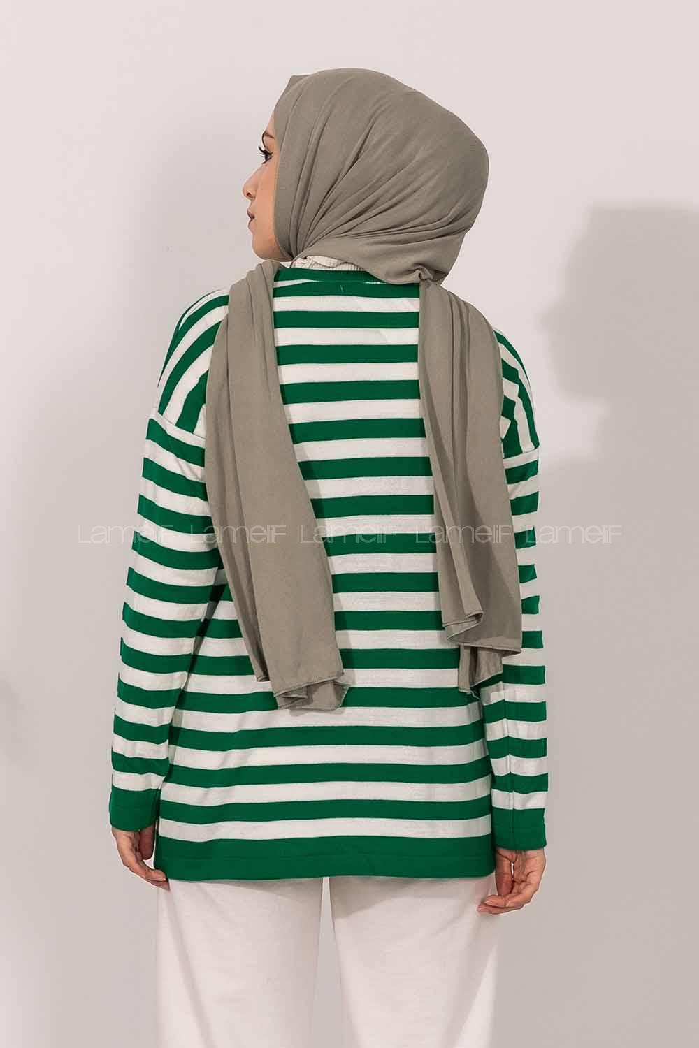 Modalamelif  Bisiklet Yaka Çizgi Desenli Kalp Detaylı Kazak Yeşil