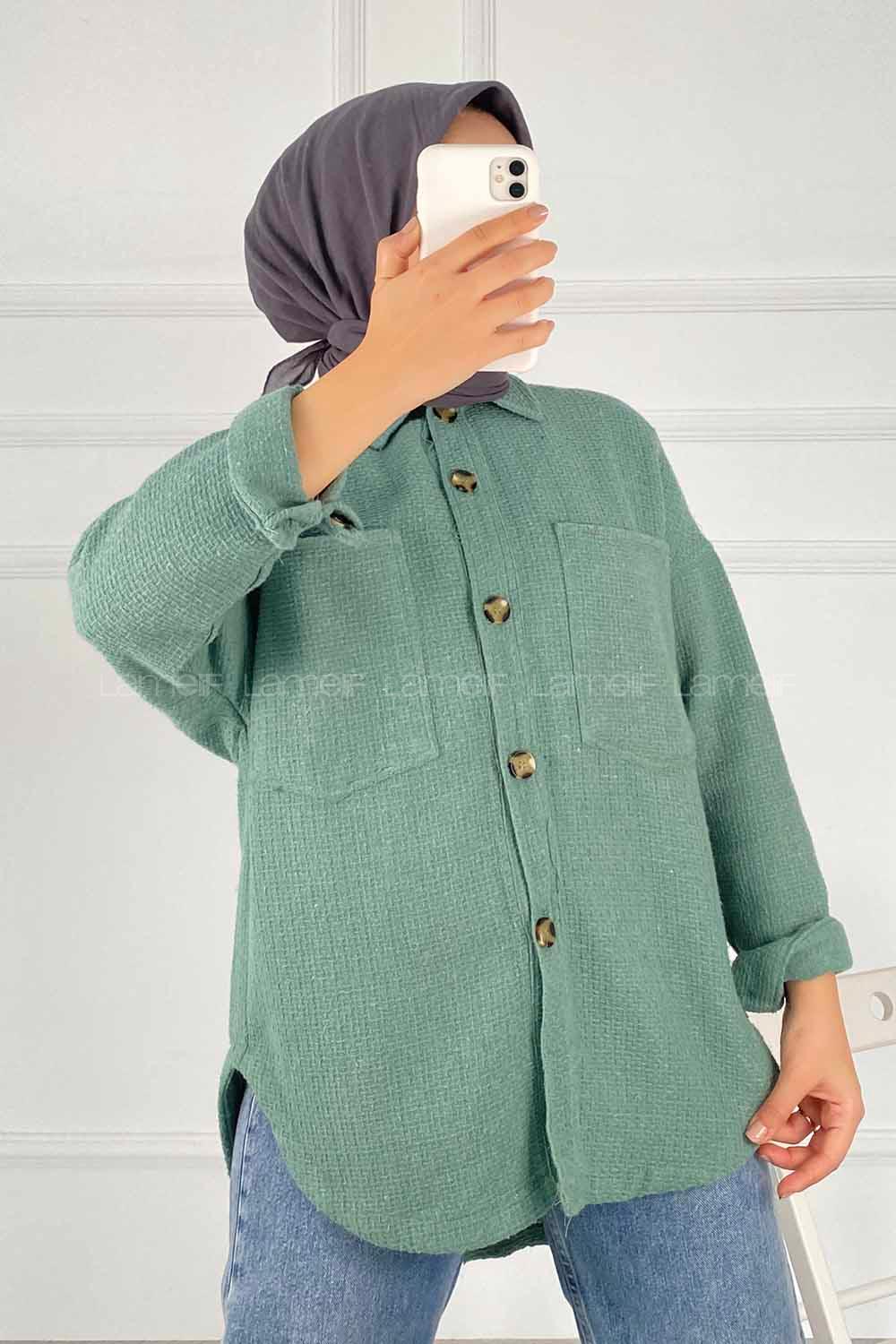 Modalamelif Çift Cepli Önü Boydan Düğmeli Salaş Ceket Çağla Yeşili