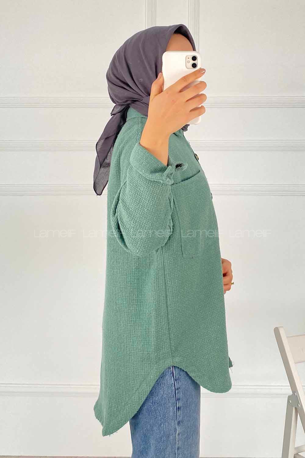 Modalamelif Çift Cepli Önü Boydan Düğmeli Salaş Ceket Çağla Yeşili