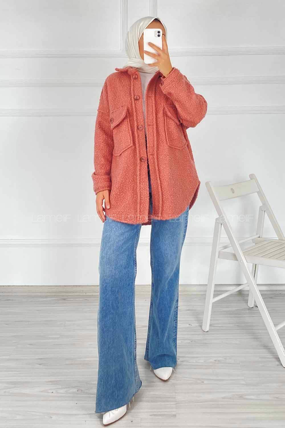 Modalamelif Çift Kapak Cepli Önü Boydan Düğmeli Yünlü Ceket Gül