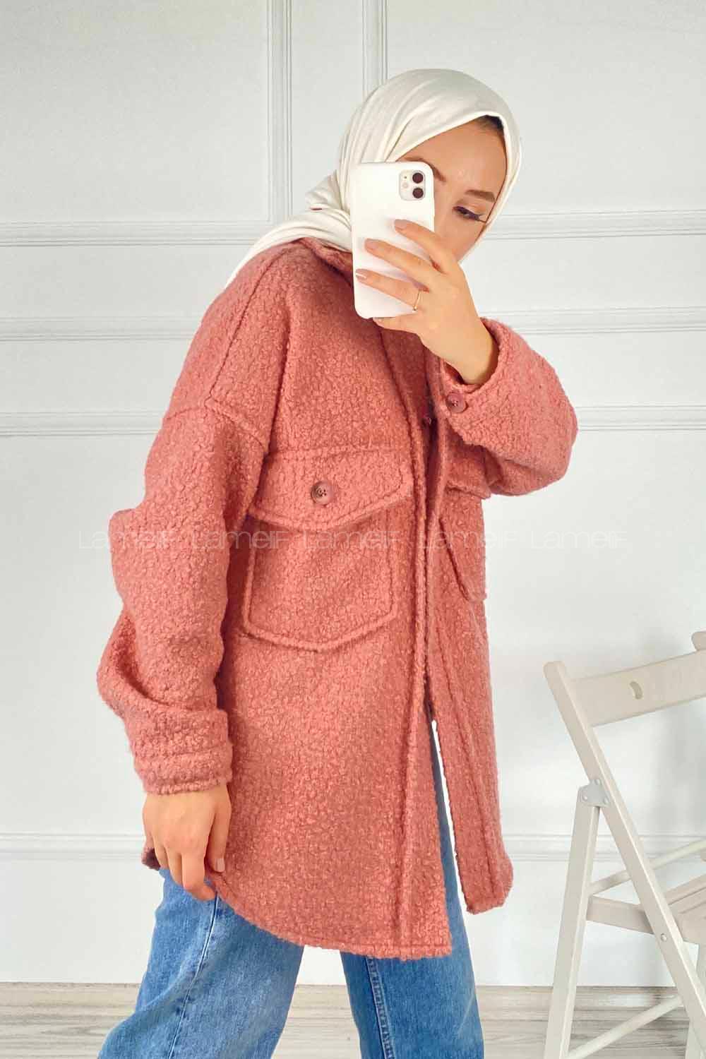 Modalamelif Çift Kapak Cepli Önü Boydan Düğmeli Yünlü Ceket Gül