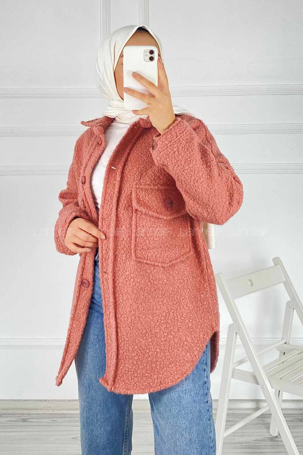 Modalamelif Çift Kapak Cepli Önü Boydan Düğmeli Yünlü Ceket Gül