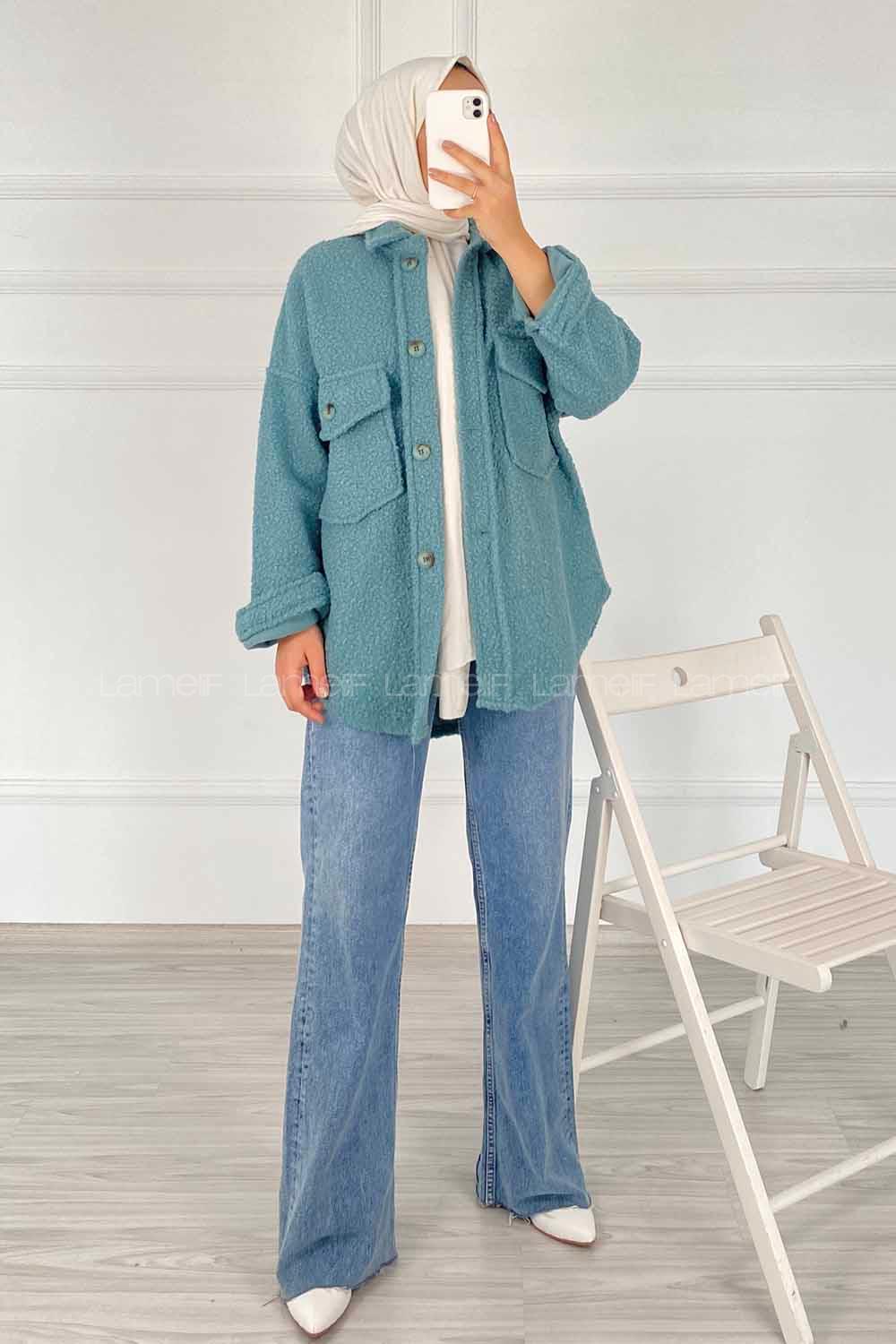 Modalamelif Çift Kapak Cepli Önü Boydan Düğmeli Yünlü Ceket Mint Yeşili