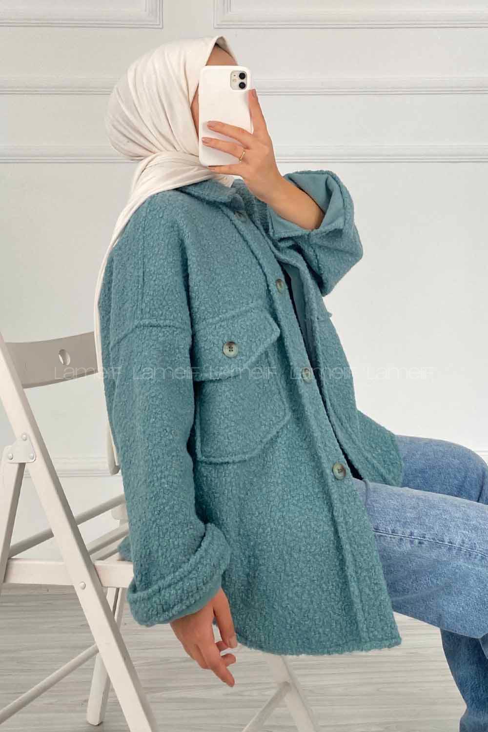Modalamelif Çift Kapak Cepli Önü Boydan Düğmeli Yünlü Ceket Mint Yeşili