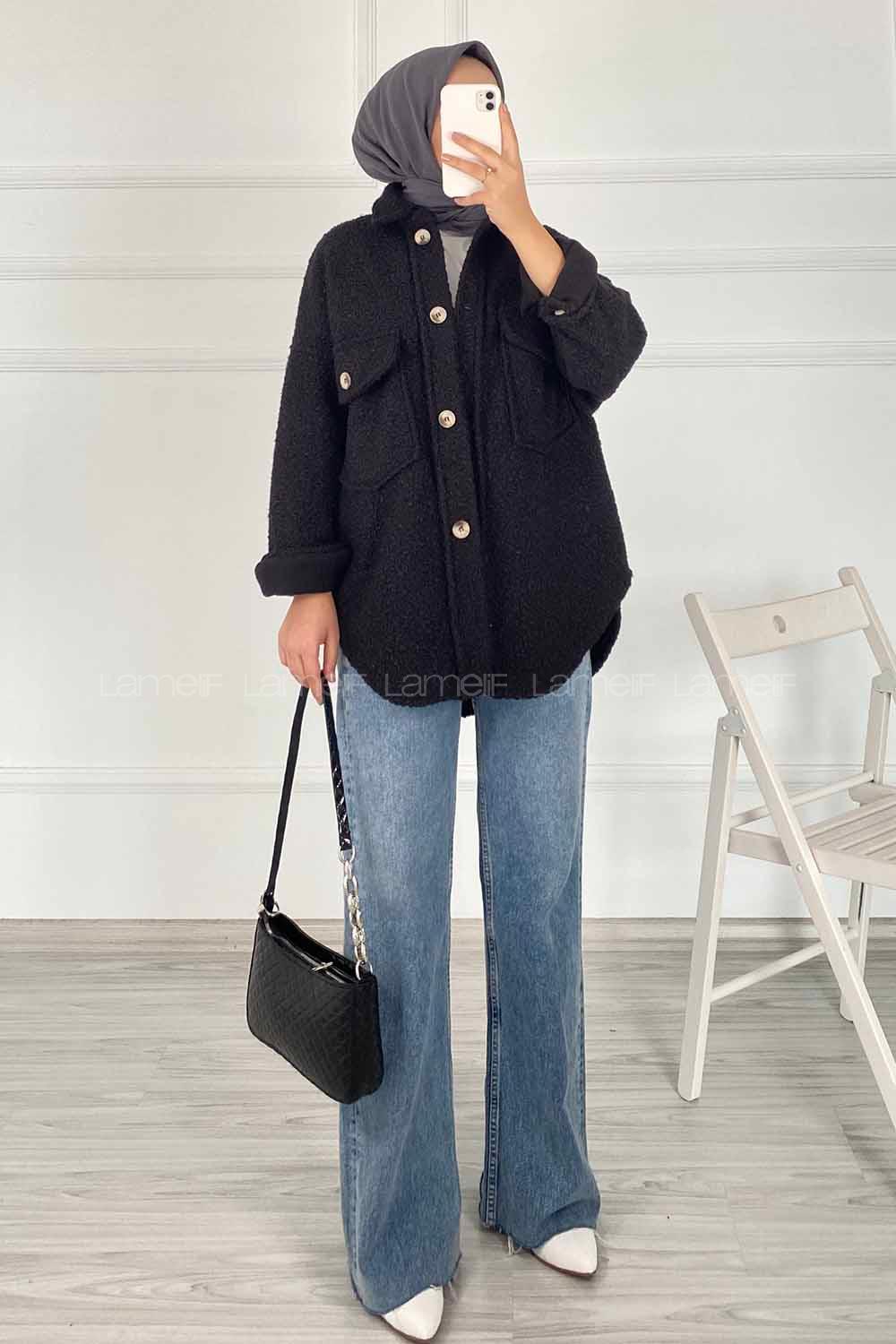 Modalamelif Çift Kapak Cepli Önü Boydan Düğmeli Yünlü Ceket Siyah