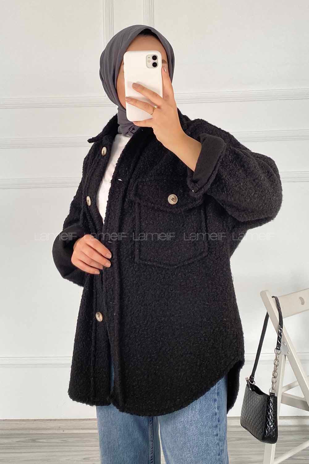 Modalamelif Çift Kapak Cepli Önü Boydan Düğmeli Yünlü Ceket Siyah