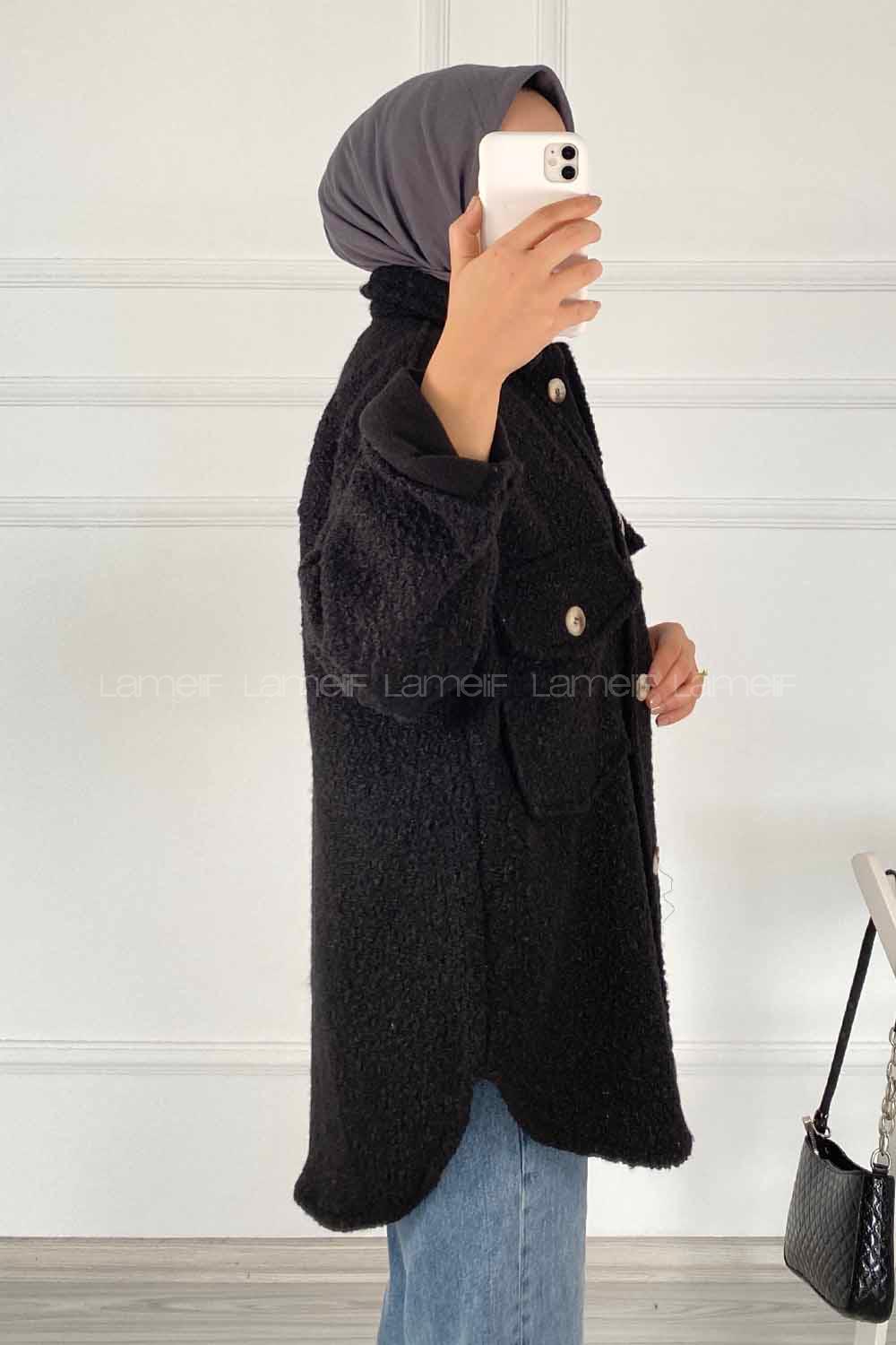 Modalamelif Çift Kapak Cepli Önü Boydan Düğmeli Yünlü Ceket Siyah