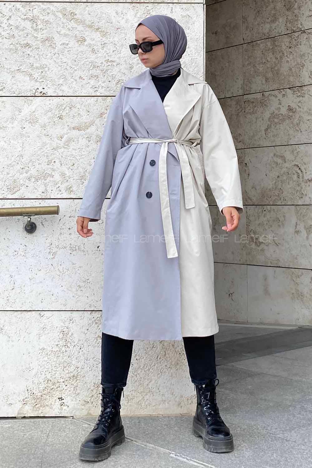 Modalamelif Çift Renk Garnili Sırt Yazı Baskılı Kuşaklı Trenç Gri-Taş