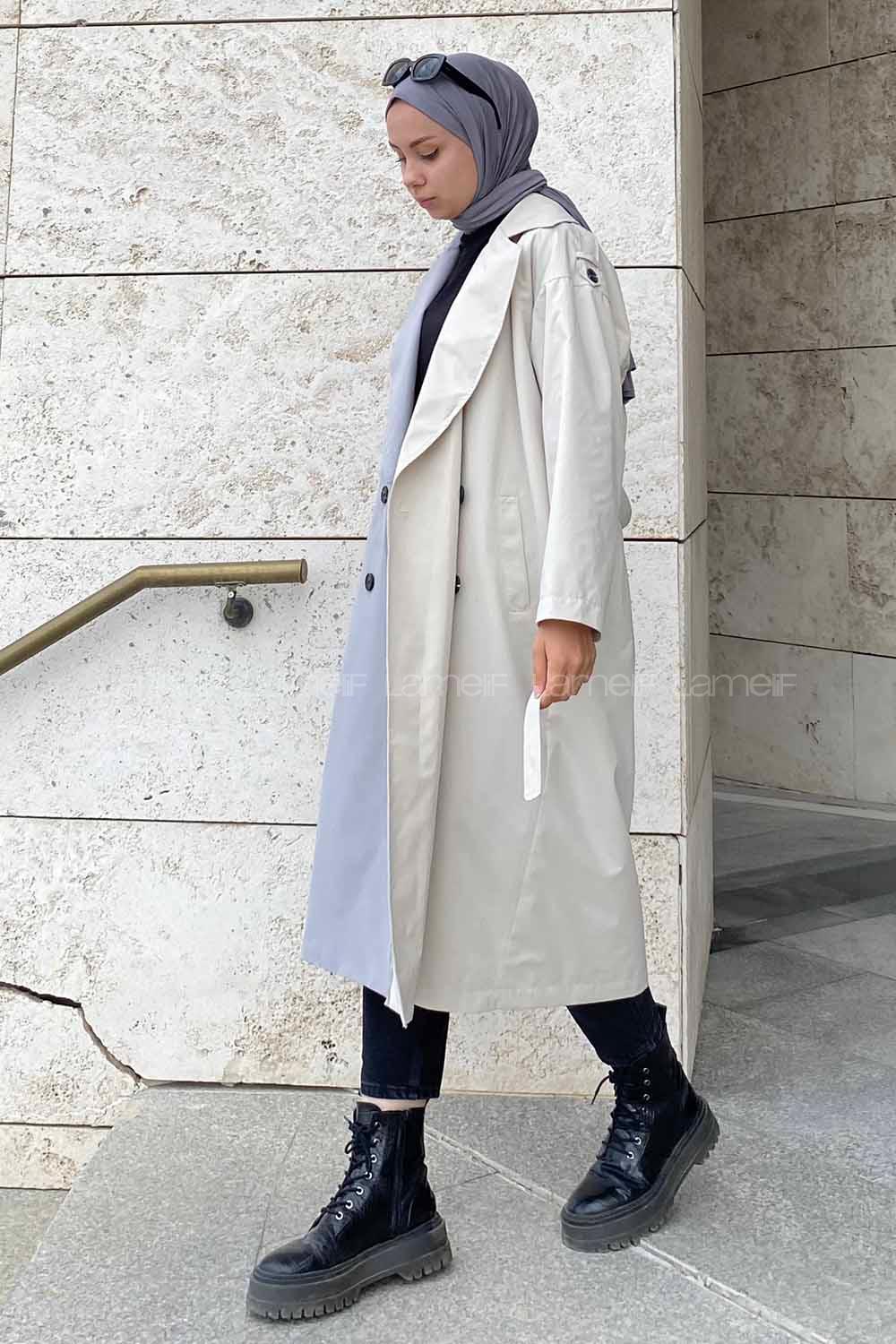 Modalamelif Çift Renk Garnili Sırt Yazı Baskılı Kuşaklı Trenç Gri-Taş