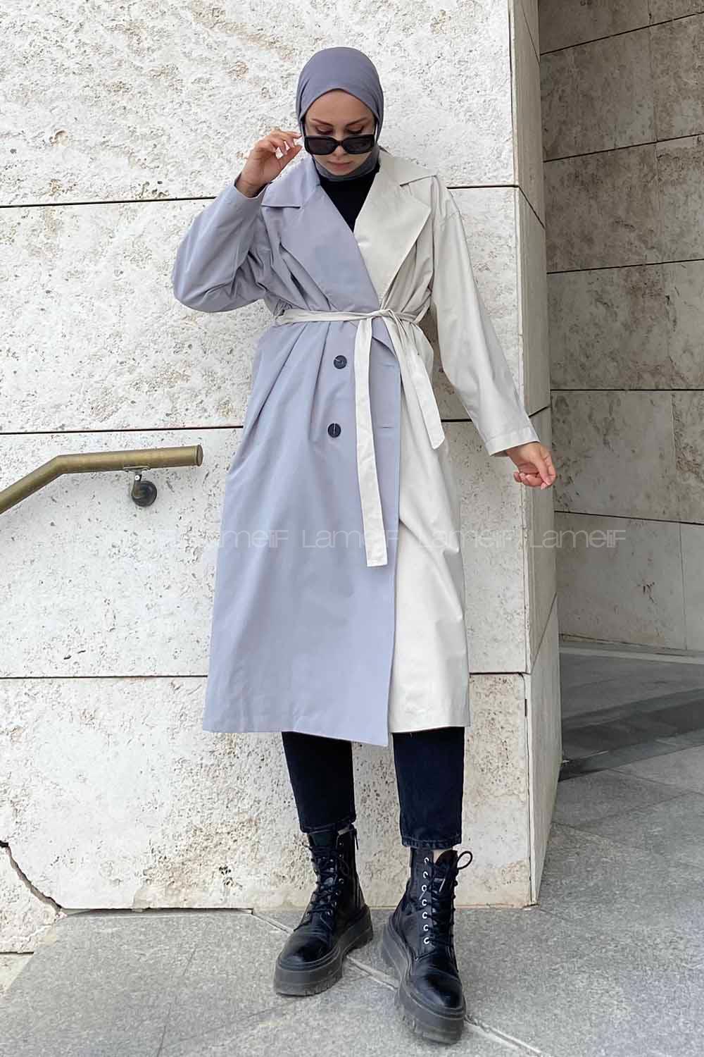 Modalamelif Çift Renk Garnili Sırt Yazı Baskılı Kuşaklı Trenç Gri-Taş