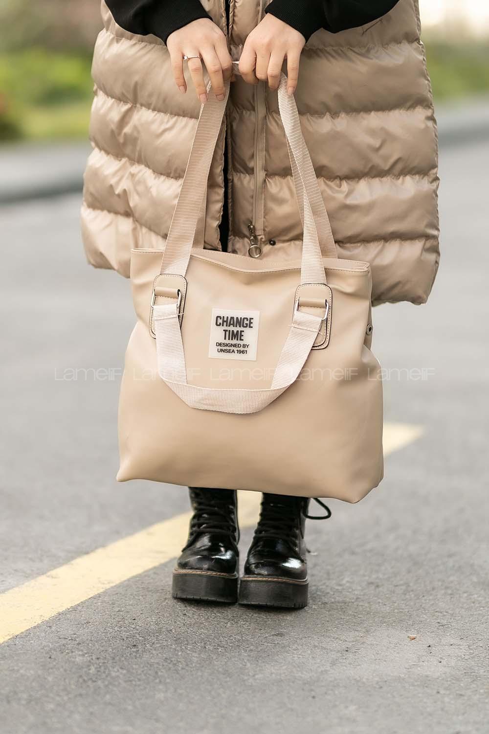 Lamelif  Çıtçıt Detaylı Büyük Çanta Vizonrengi