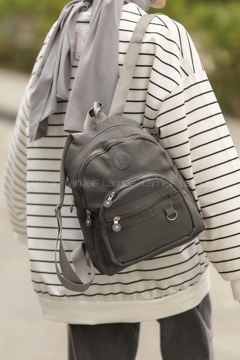 Modalamelif Çok Bölmeli Kırınkıl Kumaş Sırt Çantası Gri