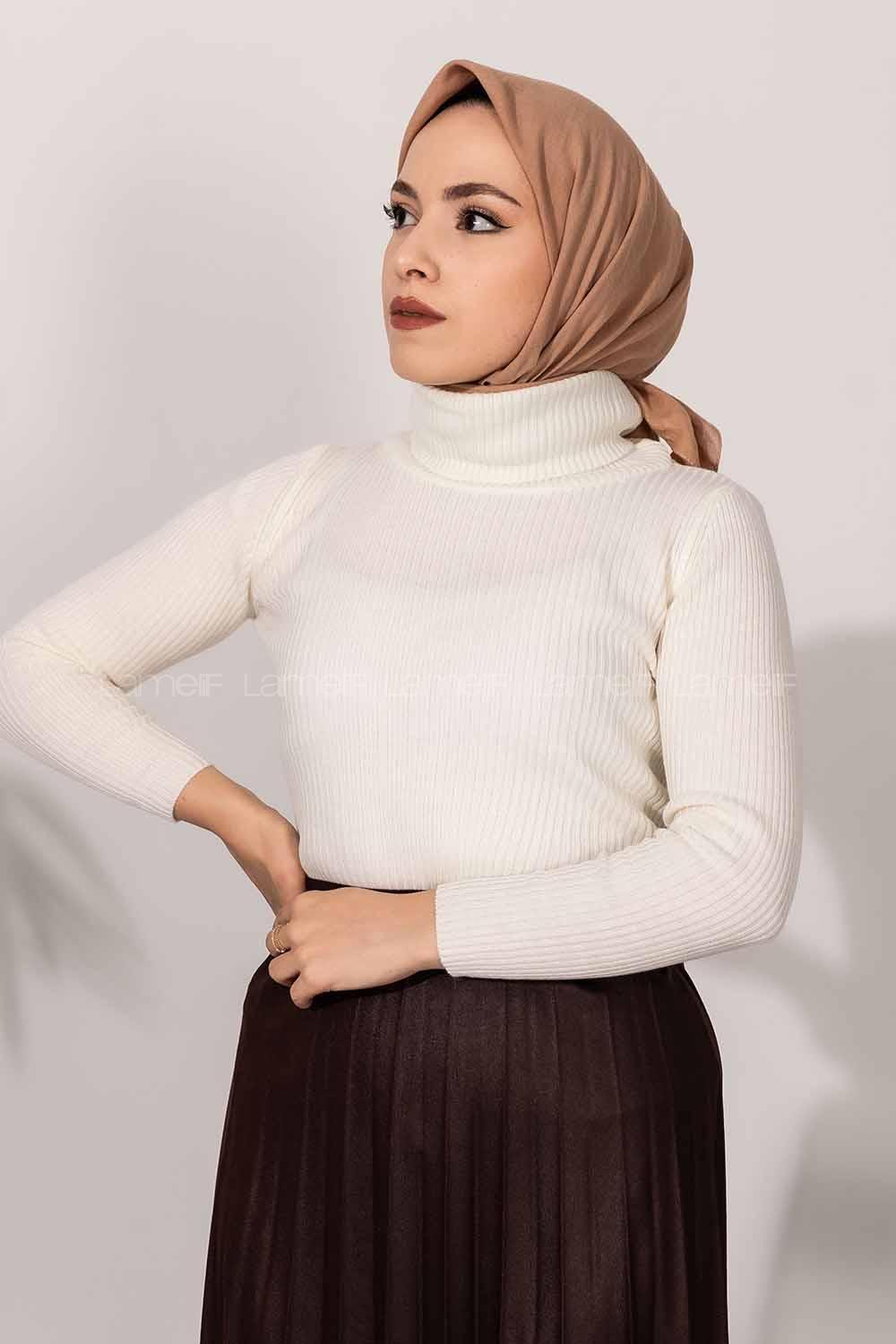 Modalamelif Fitilli Boğazlı Triko Kazak Krem