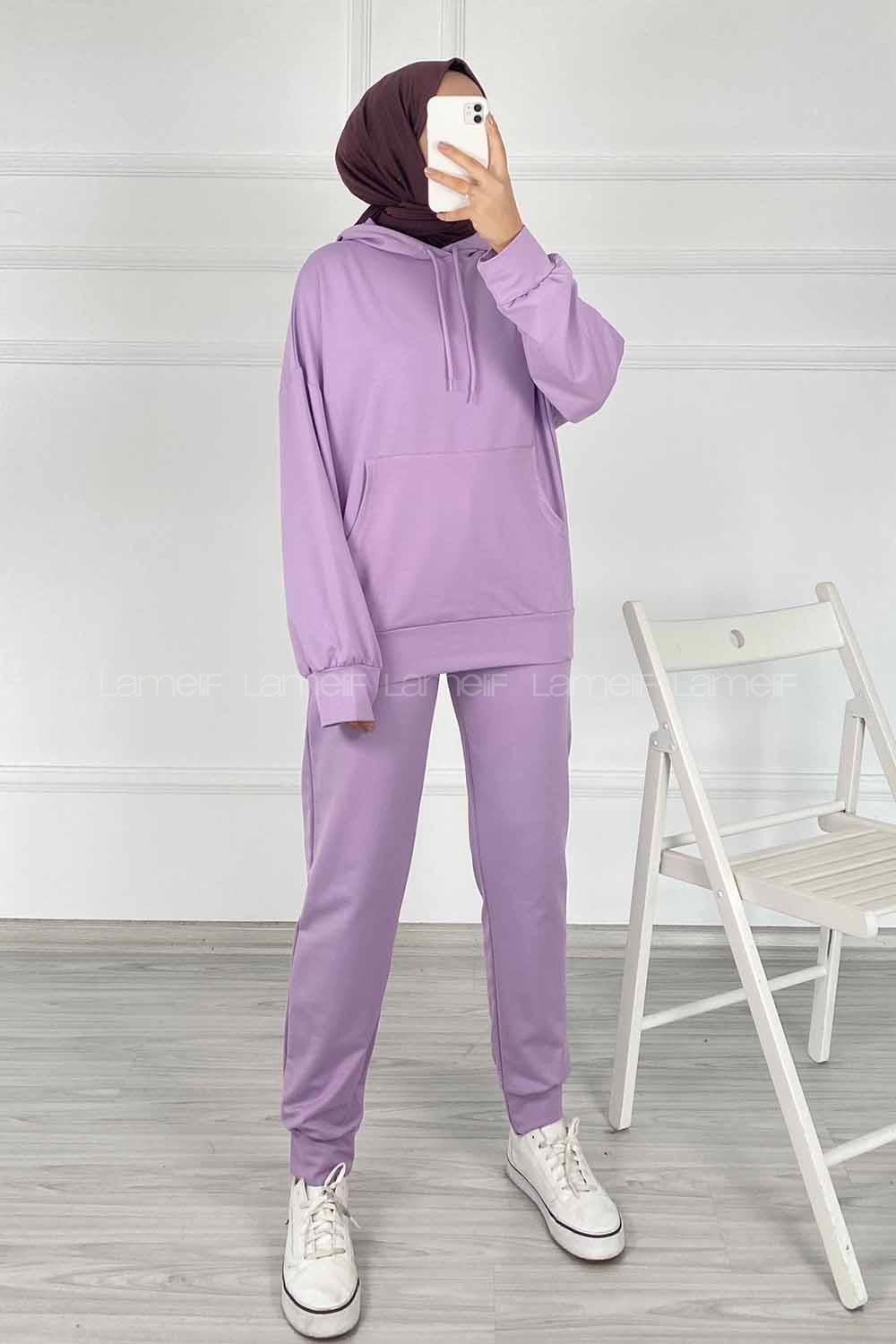 Modalamelif Kapüşon Detaylı Kanguru Cepli İkili Takım Lila