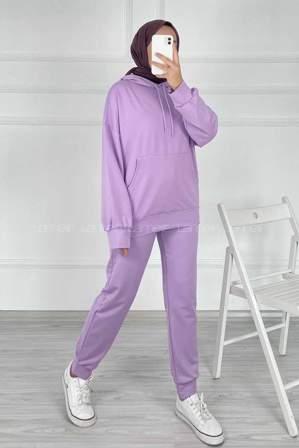 Modalamelif Kapüşon Detaylı Kanguru Cepli İkili Takım Lila