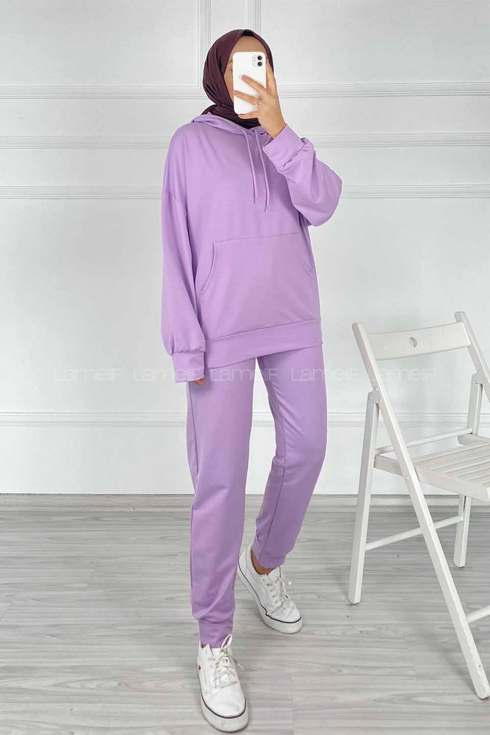 Modalamelif Kapüşon Detaylı Kanguru Cepli İkili Takım Lila