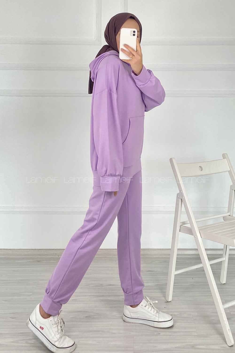 Modalamelif Kapüşon Detaylı Kanguru Cepli İkili Takım Lila