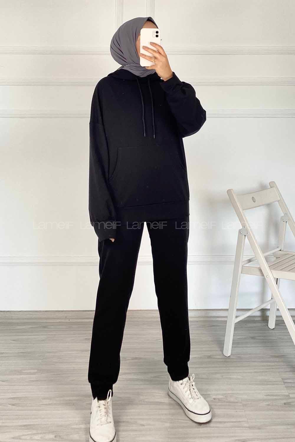 Modalamelif Kapüşon Detaylı Kanguru Cepli İkili Takım Siyah