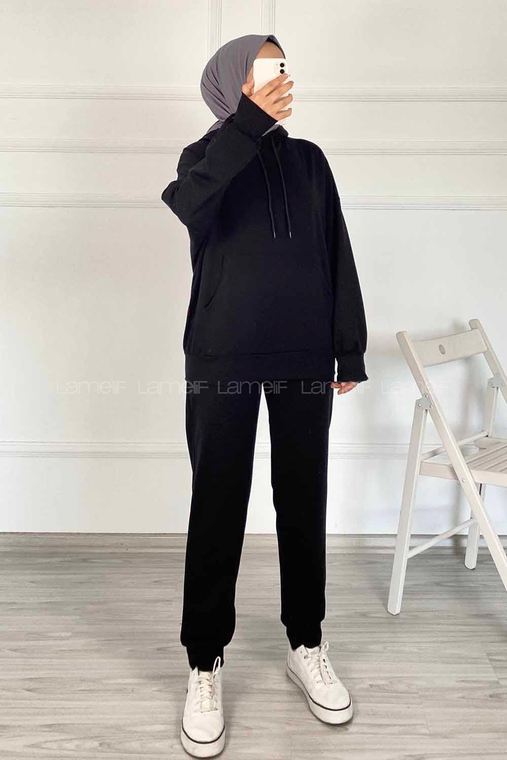 Modalamelif Kapüşon Detaylı Kanguru Cepli İkili Takım Siyah