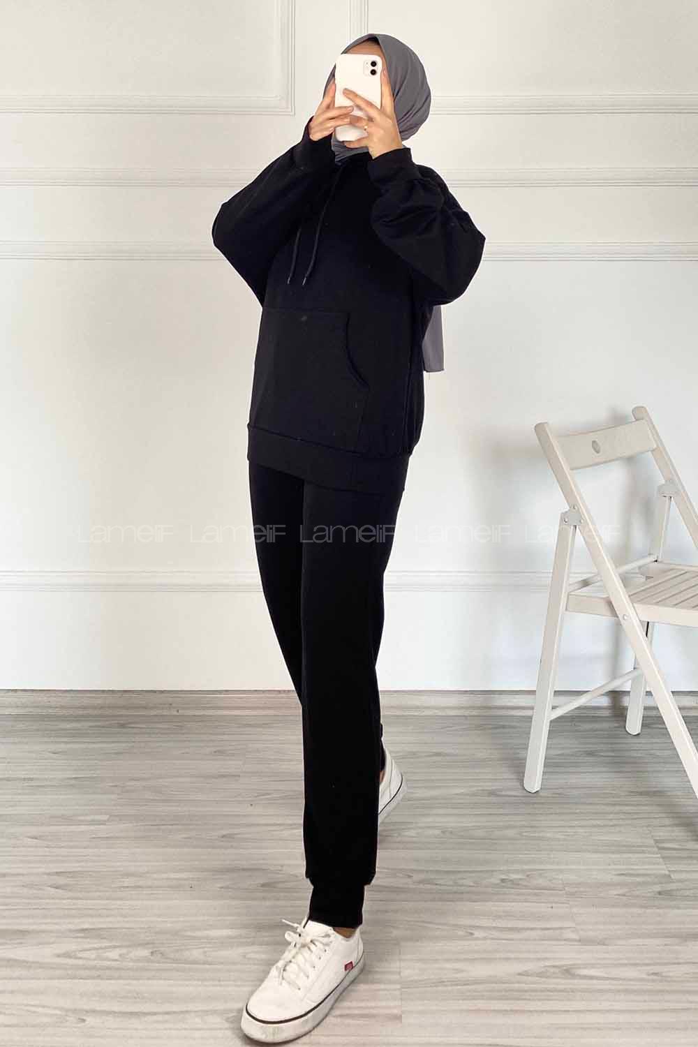 Modalamelif Kapüşon Detaylı Kanguru Cepli İkili Takım Siyah